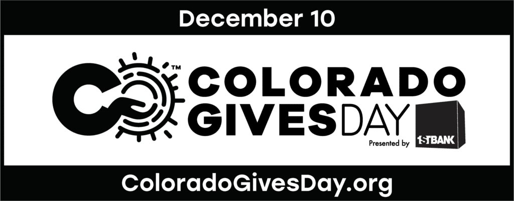 Black and white graphic for Colorado Gives Day on December 10, featuring a logo with a hand, circular design, and text. Presented by 1stBank. Website link: ColoradoGivesDay.org.