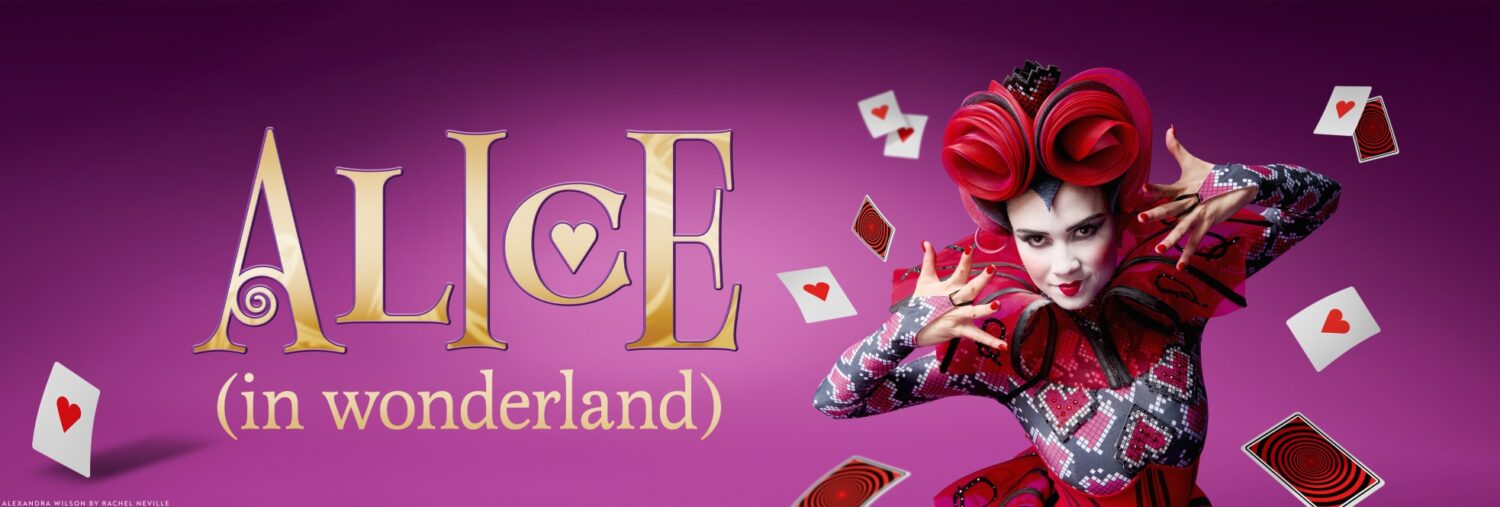 A vibrant promotional image for "Alice in Wonderland" featuring a person dressed in an eccentric, red and black patterned outfit against a purple background, with playing cards floating around. The title "Alice in Wonderland" is prominently displayed on the left.