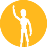 Graphic of a wooden sculpture of the human form waving.