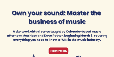Promotional flyer for a music business virtual series by CMIA and Colorado Attorneys for the Arts. Text details a six-week course starting March 3, led by music attorneys. Features music notes and a silhouette of a person with a trumpet.