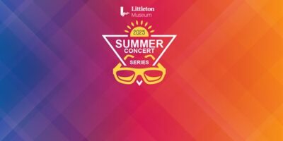 Logo for the Littleton Museum 2025 Summer Concert Series on a colorful gradient background, featuring a sun, sunglasses, and bold text in white and yellow.