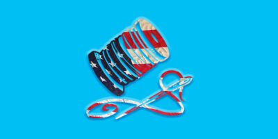 A spool of thread and needle with thread, both patterned in the style of the American flag, on a bright blue background.