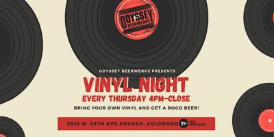 A promotional flyer for Odyssey Beerwerks Vinyl Night, happening every Thursday from 4 PM to close. It encourages bringing vinyl records for a BOGO beer. The address and "21+ only, no minors" are noted. Vinyl records decorate the design.