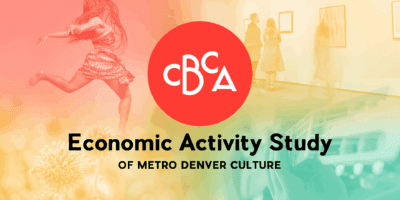 A vibrant graphic with the CBCA logo in the center, showing a dancer on the left, people viewing art on the right, and a musician playing a guitar. Text reads: "Economic Activity Study of Metro Denver Culture.