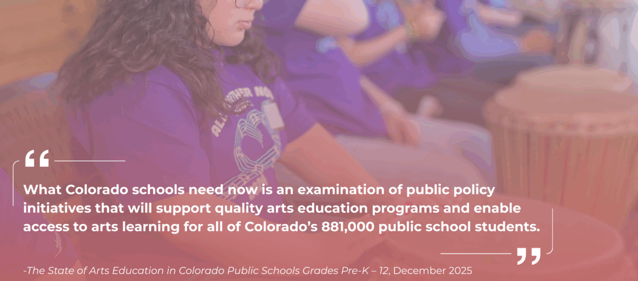 A group of students in purple shirts play drums. Overlaid text highlights the need for arts education policies to support arts learning for Colorado’s 881,000 public school students.